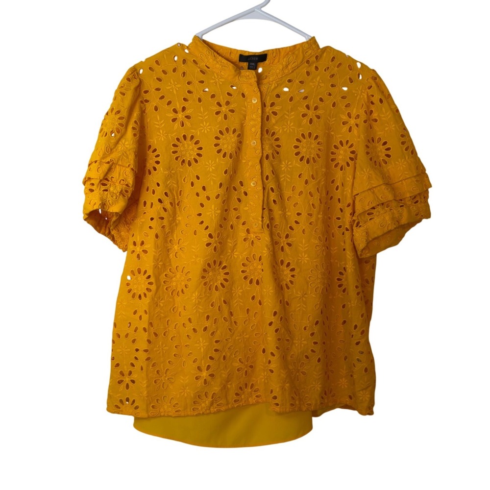 J. Crew Puff Sleeve Eyelet Popover Top Size XXL Snap In Cami Insert Yellow‎